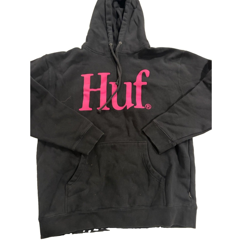 HUF Hoodie Mens M Black Pink Logo Pullover Hooded Sweatshirt Activewear
